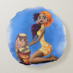 Coussin ronde de la fille tambour africaine