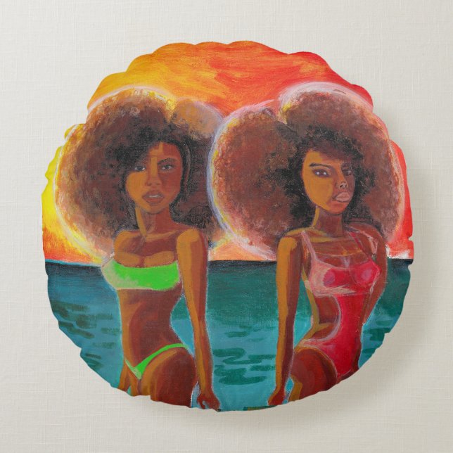 Coussin ronde peinture unique de deux filles de pl (Devant)