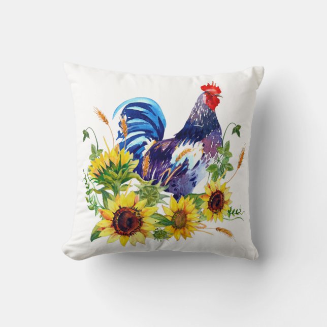Coussin Rooster Blu avec Tournesol Farmhouse Jeter Oreille (Recto)