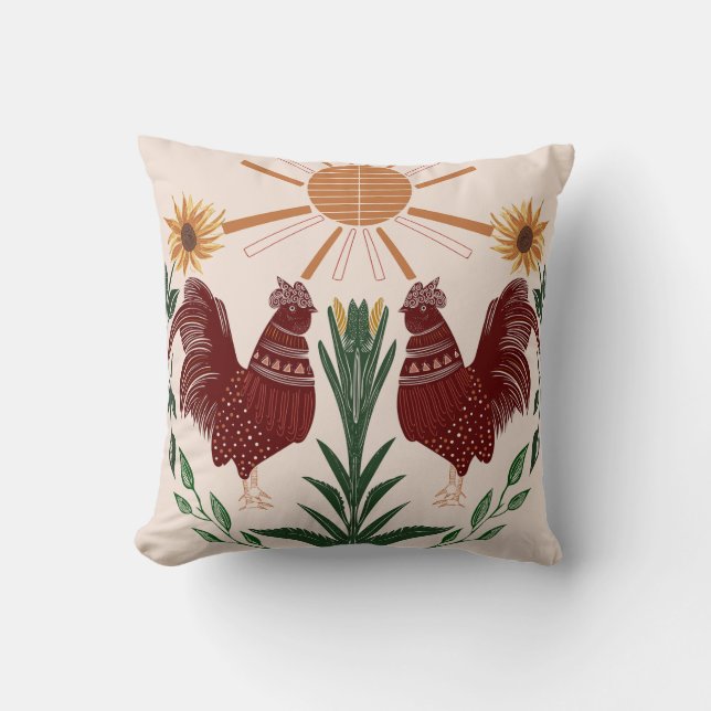 Coussin Rooster d'art populaire ensoleillé Conception symé (Recto)