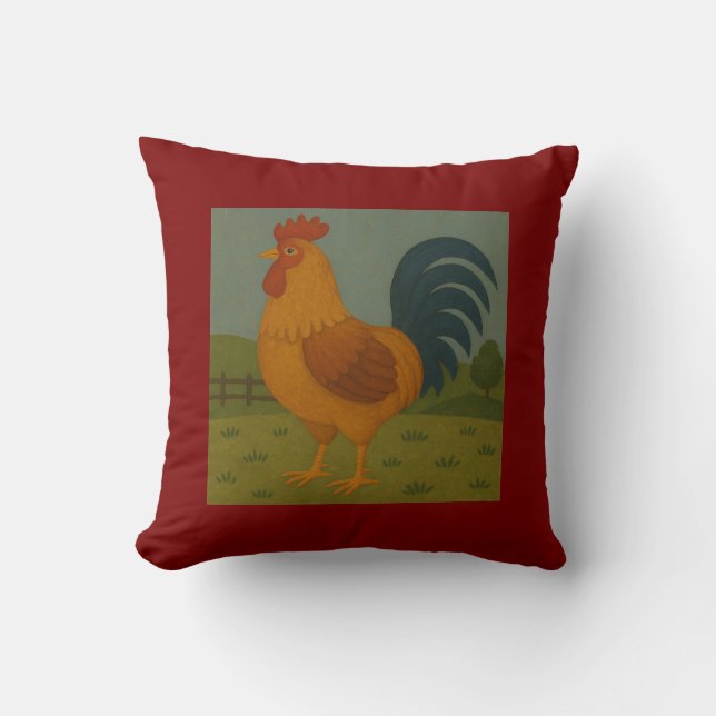 Coussin Rooster d'art populaire - Illustration de poulet r (Recto)