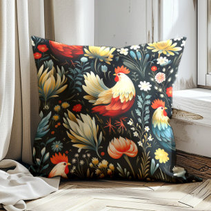 Coussin Rooster Fleurs de poulet Ferme noire
