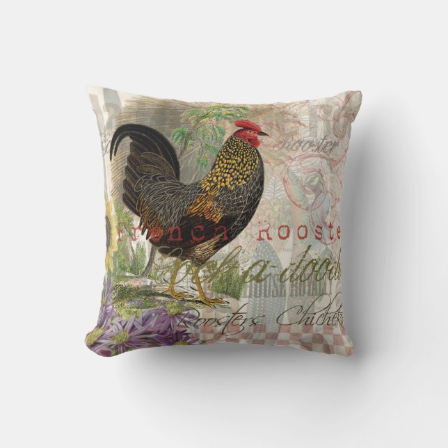 Coussin Rooster vintage Français Collage Ferme Animaux dom (Recto)