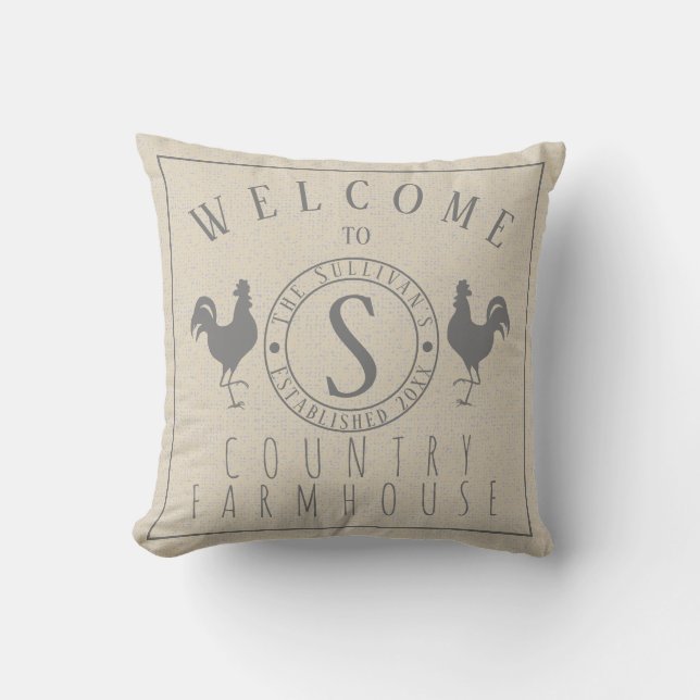 Coussin Roosters Bienvenue à Name Country Farmhouse (Recto)