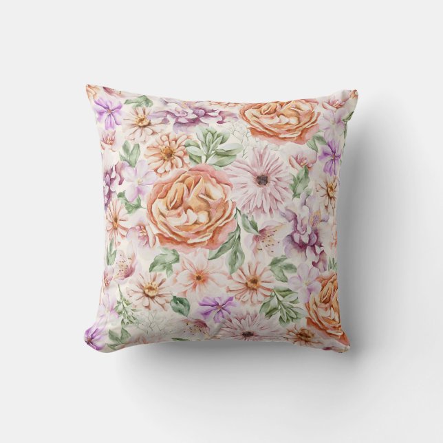 Coussin Rose ancienne aquarelle abricot et fleurs violette (Recto)