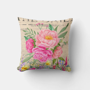 Coussin Rose, Aquarelle, Journaux Vintages