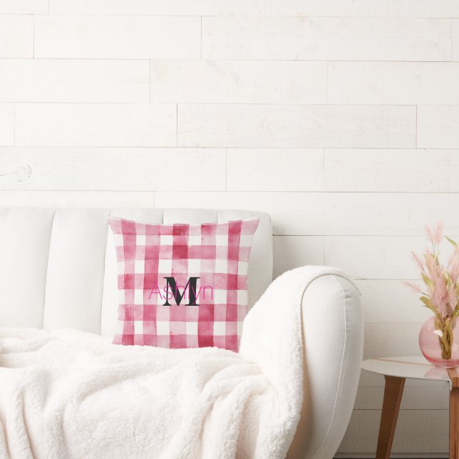 Coussin Rose Blanc À Carreaux Et À Rayures Monogramme Fémi (Canapé)