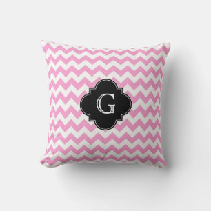 Coussin Rose Blanc Chevron Zigzag Noir Quatrefeuilles Mono