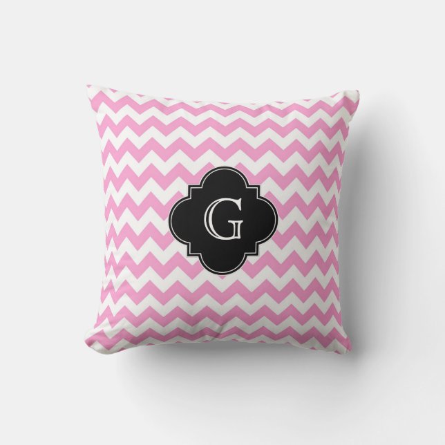 Coussin Rose Blanc Chevron Zigzag Noir Quatrefeuilles Mono (Recto)