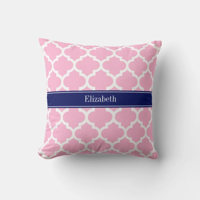 Coussin Rose Blanc Marocain #5 Bleu Nuit 5c Nom Monogramme (Recto)
