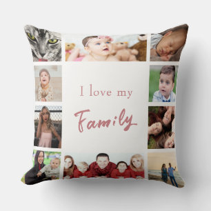 Coussin Rose Blanc tendance I Love My Family Photo Collage
