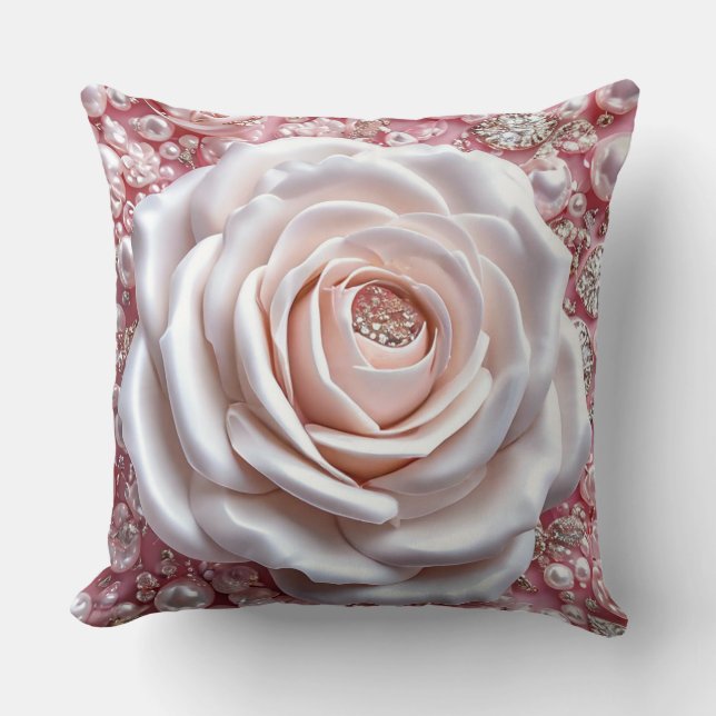 Coussin Rose Blanche Élégante et Perles Roses Brillantes (Recto)