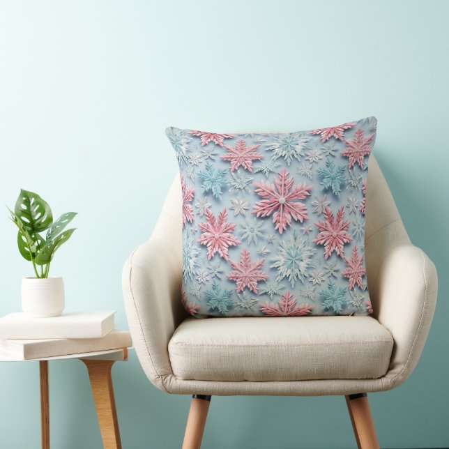 COUSSIN ROSE & BLEU HIVER EMBROIDÉE LOOK FLAKES À NEIGE (Chaise)