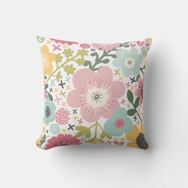 Coussin Rose Bleu Jaune Floral moderne (Recto)