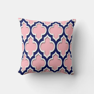 Coussin Rose, Bleu Nuit Blanc Quatrefoil Marocain #4DS
