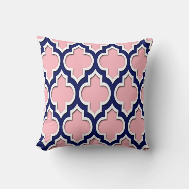 Coussin Rose, Bleu Nuit Blanc Quatrefoil Marocain #4DS (Recto)