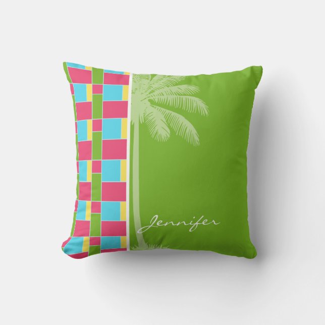 Coussin Rose, bleu tropical, vert, et jaune (Recto)