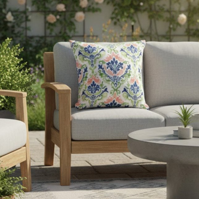 Coussin Rose Bleu Vert Élégant Damassé Intérieur Extérieur (Créateur téléchargé)