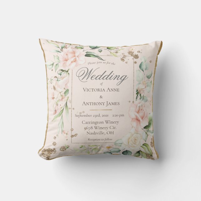 Coussin Rose Blush Romantique Floral Faire-part de mariage (Recto)
