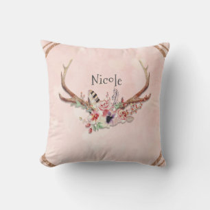 Coussin Rose Blush Rose Floral Cerf Bois de Cerf Bohème Ch