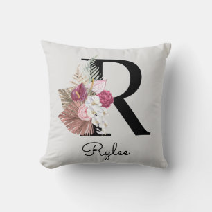 Coussin Rose Boho Girly Floral Initial R Monogramme