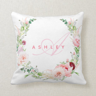 Coussin Rose botanique rose et couronne de pivoine Nom Mon