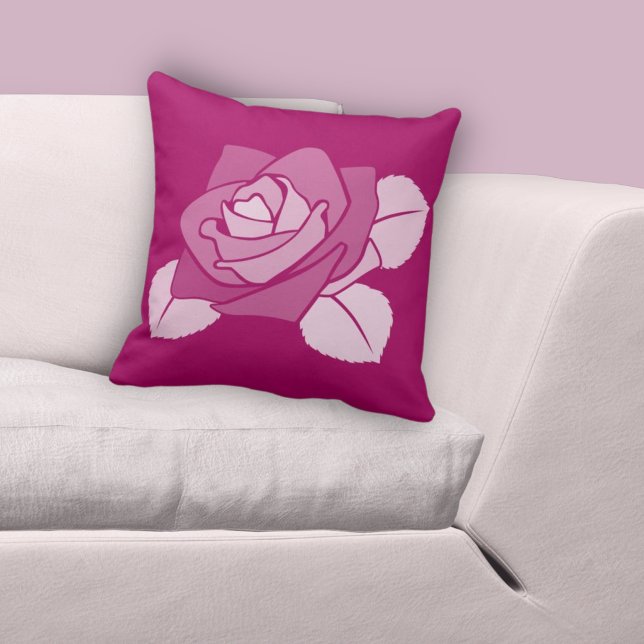 Coussin Rose botanique rose simple stylisé (Stylized Single Pink Botanical Rose Throw Pillow)