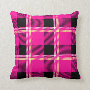 Coussin Rose chaud, noir et jaune plaid