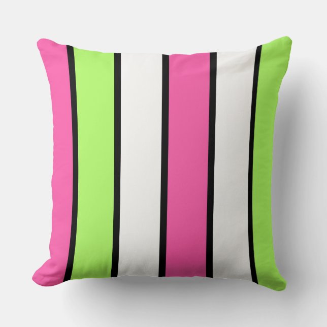 Coussin Rose chaud, vert citron, noir et blanc rayures (Recto)