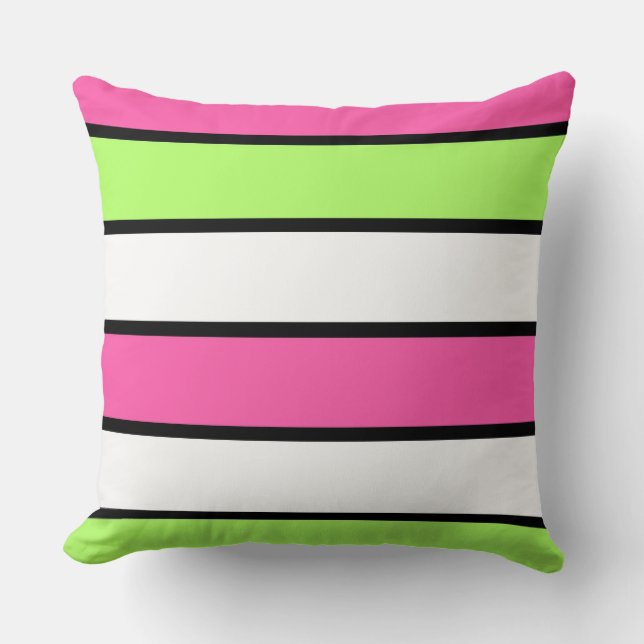 Coussin Rose chaud, vert citron, noir et blanc rayures (Recto)