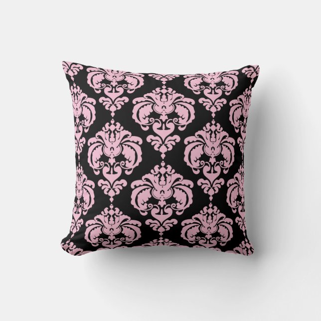 Coussin Rose clair et noir damas moderne élégant motif (Recto)