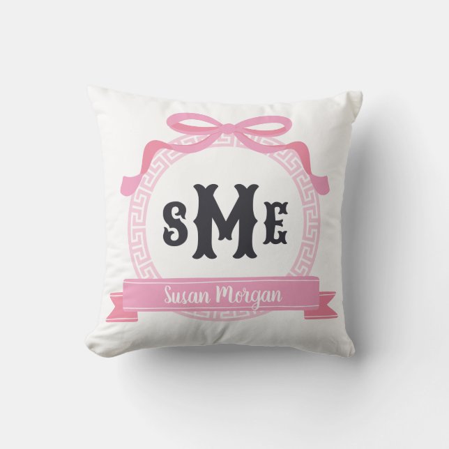 Coussin Rose Clair Monogramme à Nœud à Clé Grecque (Recto)