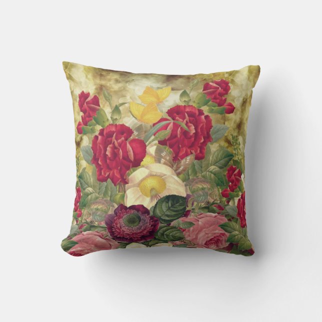 Coussin Rose classique en floraison rouge, jaune, Bourgogn (Recto)
