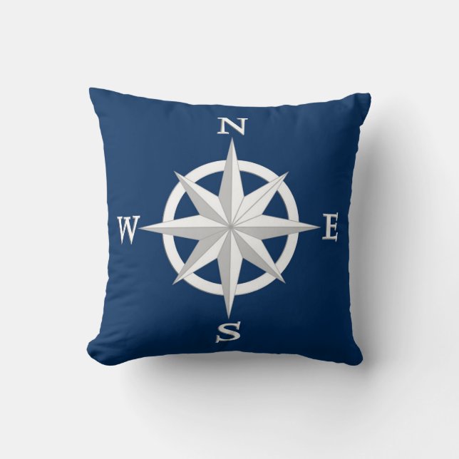 Coussin rose Compass 8 points, blanc et bleu marine (Recto)