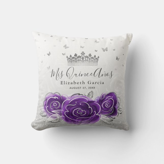 Coussin Rose d'argent et de violet Quinceanera Mis Quince  (Recto)