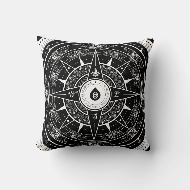 Coussin Rose de boussole - carreau carré (noir) (Recto)