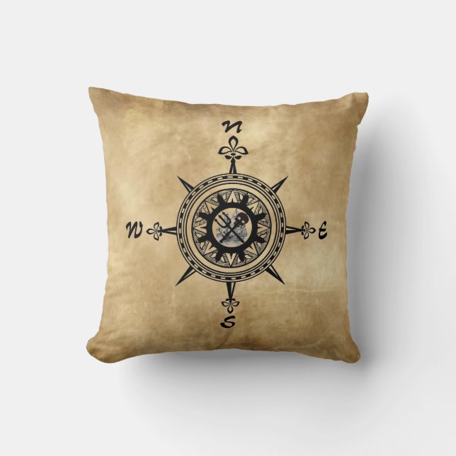 Coussin Rose de boussole de pirate avec le bateau (Recto)