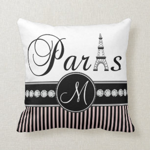 Coussin rose de monogramme de Paris de rayures de