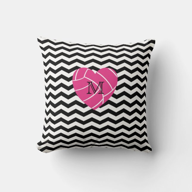 Coussin rose de volleyball de coeur de monogramme (Recto)
