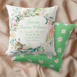 Coussin Rose d'été personnalisé Garland statistiques de na<br><div class="desc">Ce joli coussin personnalisé de natation gardsslancer dispose d'une délicate aquarelle de roses d'été entourant le nom du bébé et les statistiques de naissance pour personnaliser avec vos nouveaux détails spéciaux d'arrivée! L'inverse a un mignon motif marguerrier sur un arrière - plan vert émeraude. Vous pouvez customiser la couleur à...</div>