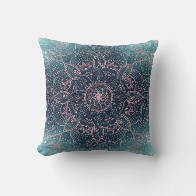 Coussin Rose élégant Gold Mandala Blue Nebula Stars (Recto)