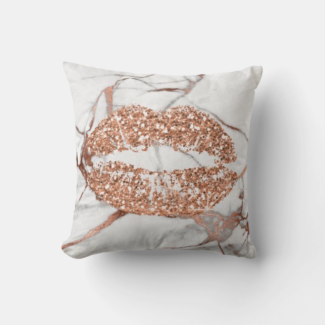 Coussin Rose en marbre d'or Kiss Lips Maquillage Cuivre (Recto)