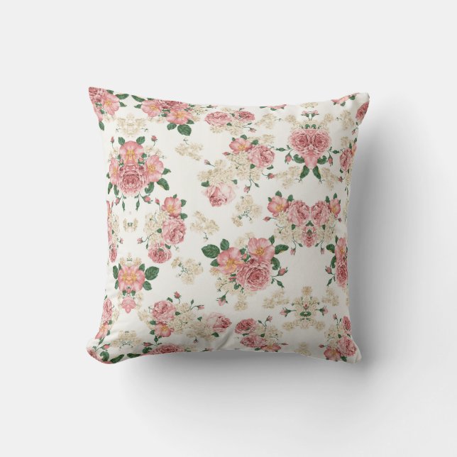 Coussin rose et blanc de motif de rose de cru (Recto)