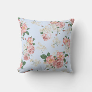 Coussin Rose et crème sur Floral Vintage bleu   
