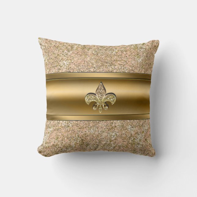 Coussin Rose et or paillettes scintillantes Fleur de lis É (Recto)