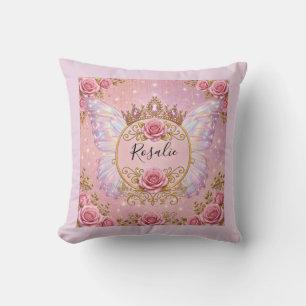 Coussin Rose et papillon de fée princesse floral rose or