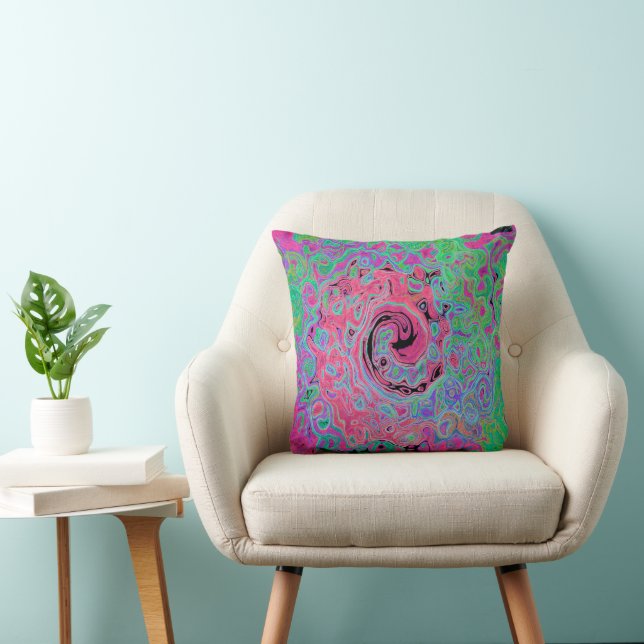Coussin Rose et vert citron tourbillonnant abstrait rétro  (Chaise)