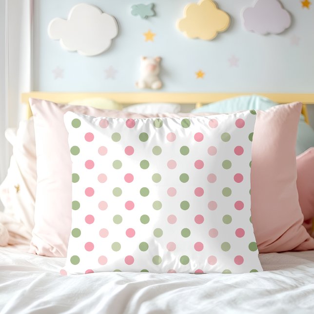 Coussin Rose et Vert Sauge Pastel à Points (Pink & Sage Green Pastel Polka Dot Throw Pillow)