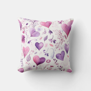 Coussin Rose et violet pastel esthétique Cœur Aquarelle