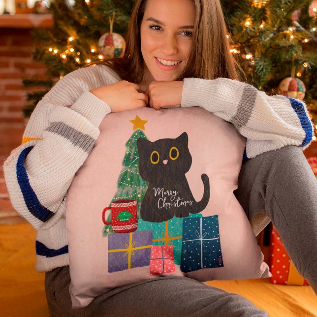 Coussin Rose Festif Chat Mignon Café Joyeux Noël (Créateur téléchargé)